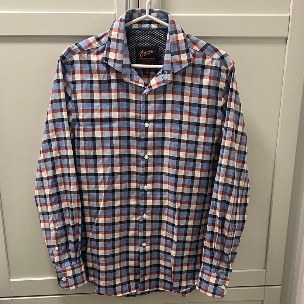 EGARA LS Button Up Shirt Slim Fit Stretch Non Iron Plaid Blue, Red, White Medium